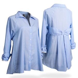 Ravel Blue Stripe Bow Button Down Blouse 3/4 Sleeve Size Medium